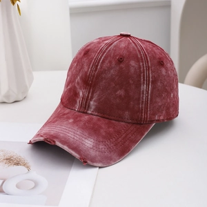 Vintage washed burgundy cotton baseball cap with distressed brim and retro style for adults