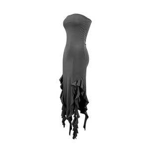 Close-up of the irregular ruffle hem detail on this sexy strapless bodycon beach dress