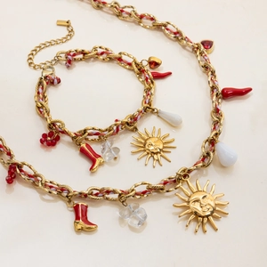 Ensemble collier et bracelet en acier inoxydable 18K avec breloques cristal rouge et soleil