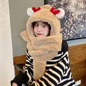Plush 3-in-1 reindeer hooded scarf with red antlers and white ears in light brown