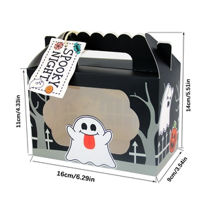 Halloween gift box with ghost and pumpkin patterns and size measurement details