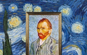 Detailed close-up of Van Gogh oil painting glasses case with vintage gold frame texture