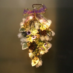 Artificial Christmas Teardrop Swag Frosted Pine Needle Purple Star Bow Gold Berry Hanging Decoration Door Wall Decor
