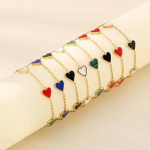 Heart Link Bracelet Stainless Steel Gold Plated Multi Color Enamel Shell Inlay Adjustable For Women Elegant Jewelry