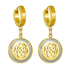 Stainless Steel Round Dangle Hoop Earrings Gold Plated Hollow Flower White Shell Crystal Elegant Hypoallergenic Jewelry For Women