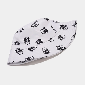 White bucket hat with all-over cartoon panda print and durable cotton canvas material