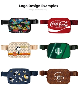 Detailed display of six custom nylon fanny packs with adjustable straps and buckles