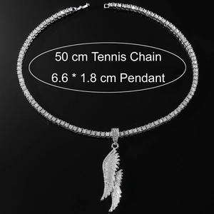 Silver hiphop tennis chain with iced out angel wing pendant on black background