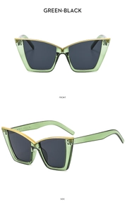 Front and side views of green cat-eye sunglasses with dark lenses and gold metal accents