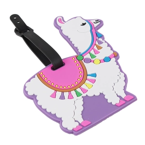 Cute purple silicone alpaca luggage tag with colorful tassels and a black strap
