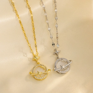 Titanium Steel Cat Eye Stone Planet Pendant Necklace For Women Gold Silver Plated Rhinestone Saturn Star Clavicle Chain