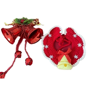 Handmade knitted Christmas pet collar with yellow bell and snowflake on red wool