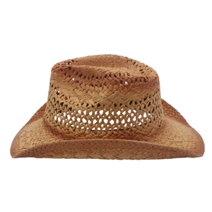 Detail of hollow woven straw cowboy hat with distressed brown finish and curved brim