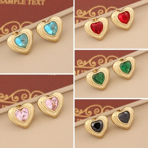 Heart Stud Earrings With Stainless Steel Earring Post Gold Plated Colorful Crystal Ripple Textured Vintage Elegant Jewelry