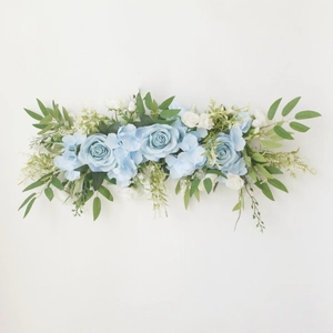 Artificial blue and white rose floral row with eucalyptus leaves for wedding decor