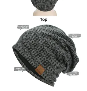 Close-up of gray checkered knit slouchy beanie featuring breathable double-layer lining