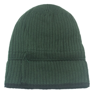 Detailed view of dark green knit beanie with ribbed texture and black edge trim