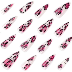 Long stiletto press-on nails with white base, butterfly patterns and silver bead accents