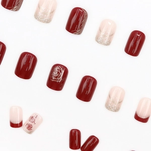 Elegant square press-on nails featuring red rose floral art and silver glitter gradients