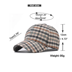 Detailed size chart for houndstooth baseball cap showing dimensions and weight metrics