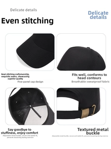 Detail of five-panel cotton baseball cap with adjustable metal buckle and breathable holes