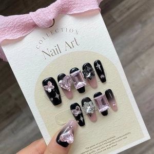 Handmade Press On Nails Long Coffin Stiletto Y2K Gothic Black Pink Rhinestone Butterfly Heart Cross Fashion Manicure