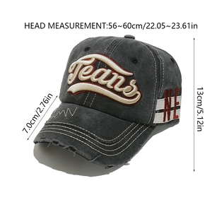 Detailed size specifications for distressed denim baseball cap with Jeans embroidery