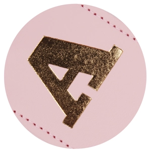 Close-up of pink PU leather luggage tag featuring a metallic gold textured letter A detail