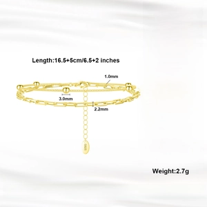 Detailed specs of double-layer 925 silver 14K gold plated bracelet with dimensions