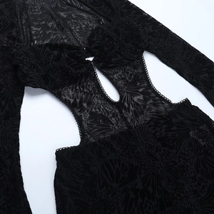 Close-up of black lace mesh fabric featuring butterfly patterns and hollow out details