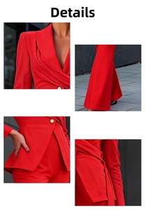 Detail view of red single-button blazer and wide-leg trousers professional set