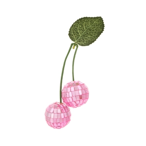 Macro shot of pink disco ball cherry ornament with green leaves on white background