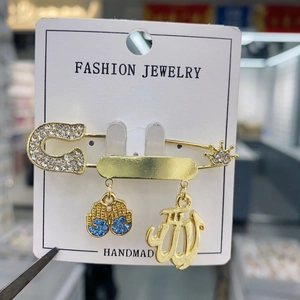 Gold Plated Alloy Rhinestone Safety Pin Brooch With Hamsa Hand Crown Charms Exotic Vintage Arabic Letter Pin For Women
