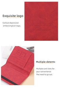 Detail of red faux leather passport holder showing RFID card slots and SIM card storage