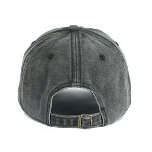 Detail view of the vintage washed denim baseball cap with adjustable metal buckle back
