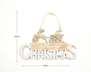 Plaque de porte Joyeux Noël en bois doré avec renne et traîneau du Père Noël 30x16cm