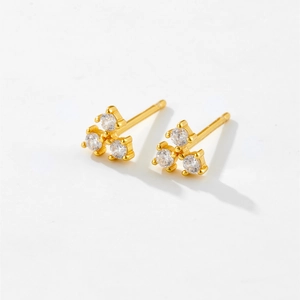 Minimalist S925 sterling silver stud earrings with three round clear zircons in gold