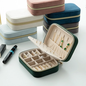 Portable velvet jewelry box for rings and earrings in multiple colors and compartments