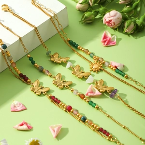 Handmade gold butterfly bracelet with colorful natural stones and beads for women
