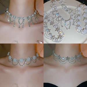 Elegant Flower Artificial Pearl Tassel Choker Necklace Vintage Rhinestone Iron Metal Wedding Party Jewelry For Women