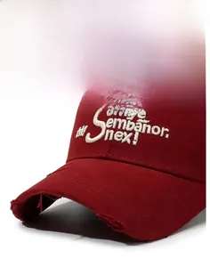 Close-up of vintage red baseball cap featuring 3D embroidery and distressed brim details