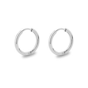Detailed close-up of pair of polished silver stainless steel hoop earrings on white background