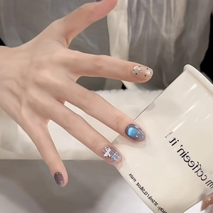 Blue Cat Eye Press On Nails Short Oval False Nails With White Bow Plaid Polka Dot ABS For Lady Sweet Manicure Daily