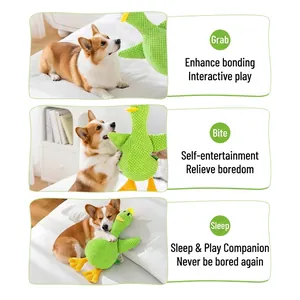 Green plush duck dog toy in corn fleece texture for teething and interactive play