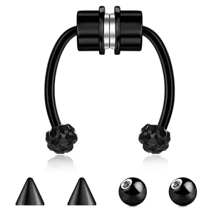 Black magnetic horseshoe nose ring set with interchangeable cone and ball ends for women