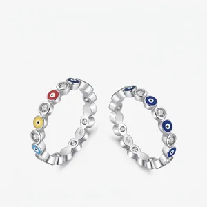 925 Sterling Silver Evil Eye Ring For Women Colorful Enamel Blue Nazar Charm Stackable Band Jewelry With White Zirconia