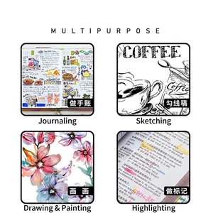 Dual-tip watercolor pens shown in four creative scenarios including sketching and highlighting