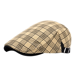 Classic khaki plaid newsboy cap with black brim and adjustable metal strap closure