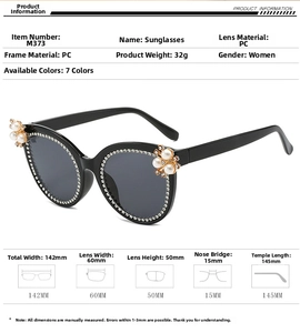 Detail view of pearl and rhinestone embellishments on black PC frame sunglasses