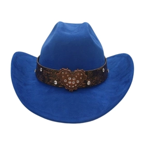 Close-up of royal blue suede cowboy hat with diamond-studded heart buckle and leather band